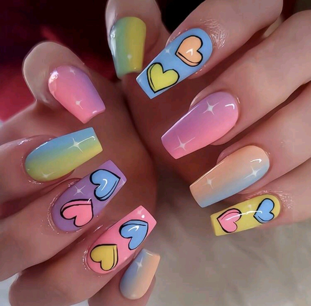 Press-On Nails Candy Hearts Bright Pastel Pink Yellow Medium/Long Coffin