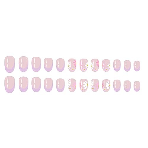 24Pcs Press on Nails Short Almond French Colorful Purple French Tip Daisy