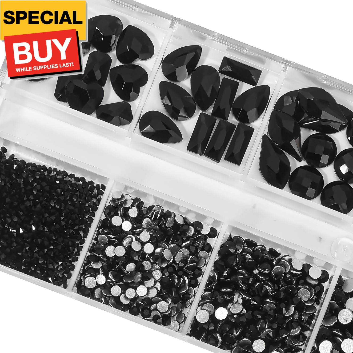 Black Nail Rhinestones Kit Flatback Crystal Black Glass Gems Stones 1450Pcs Nail