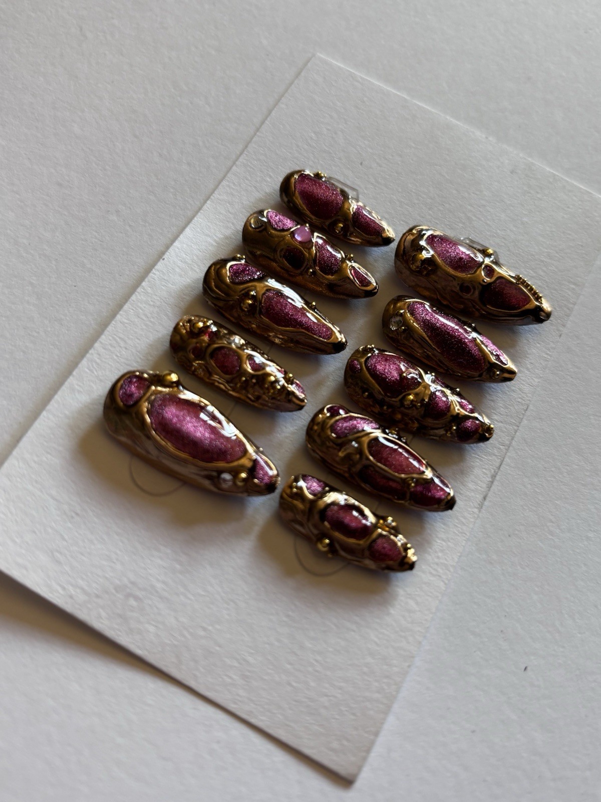 Gold Chrime & Red Cat Eye 3D Bling Press Ons Nail Set Medium Length / Small Size