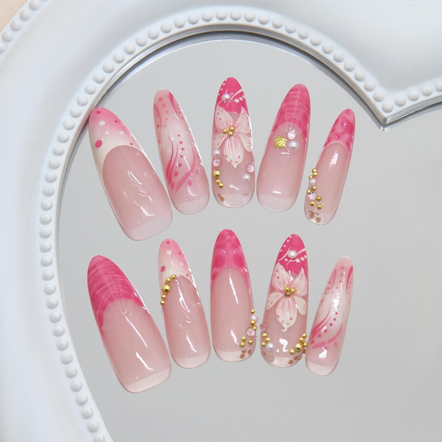 24Pcs Pink Flower Press on Nails Long Almond French Tip Fake Nails with 3D Gold