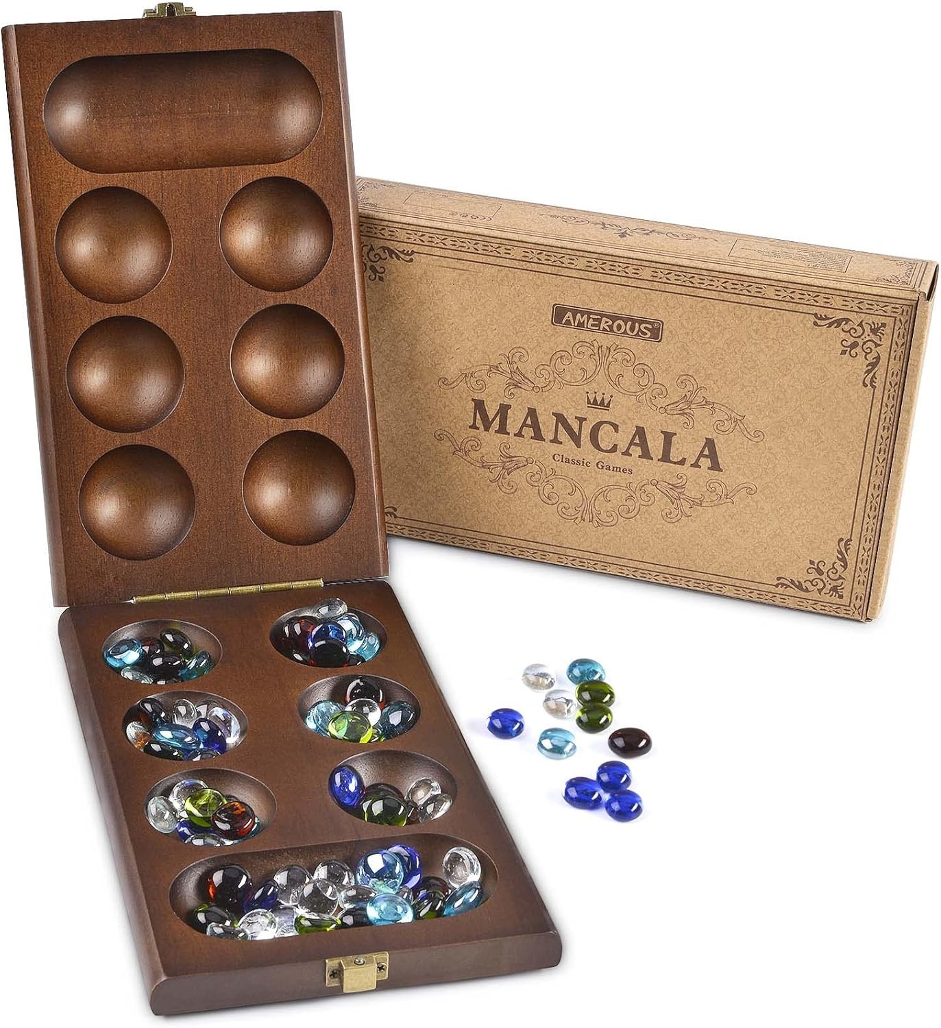 AMEROUS Wooden Mancala Board Game Set with 72+8 Bonus Multi Color Glass…