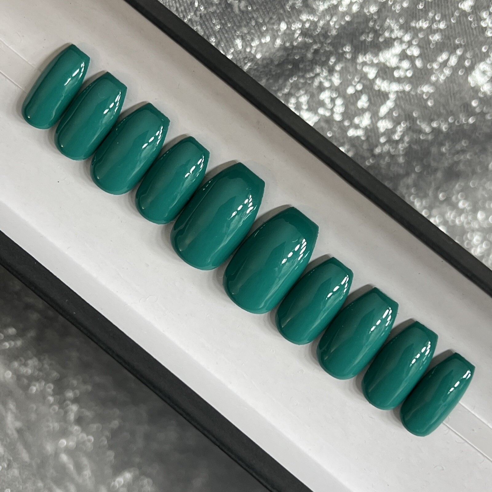 🔥 CUSTOM Gel Press On Nails, ￼ ￼Blue Green, Ballerina short, 10p Set W FULL KIT