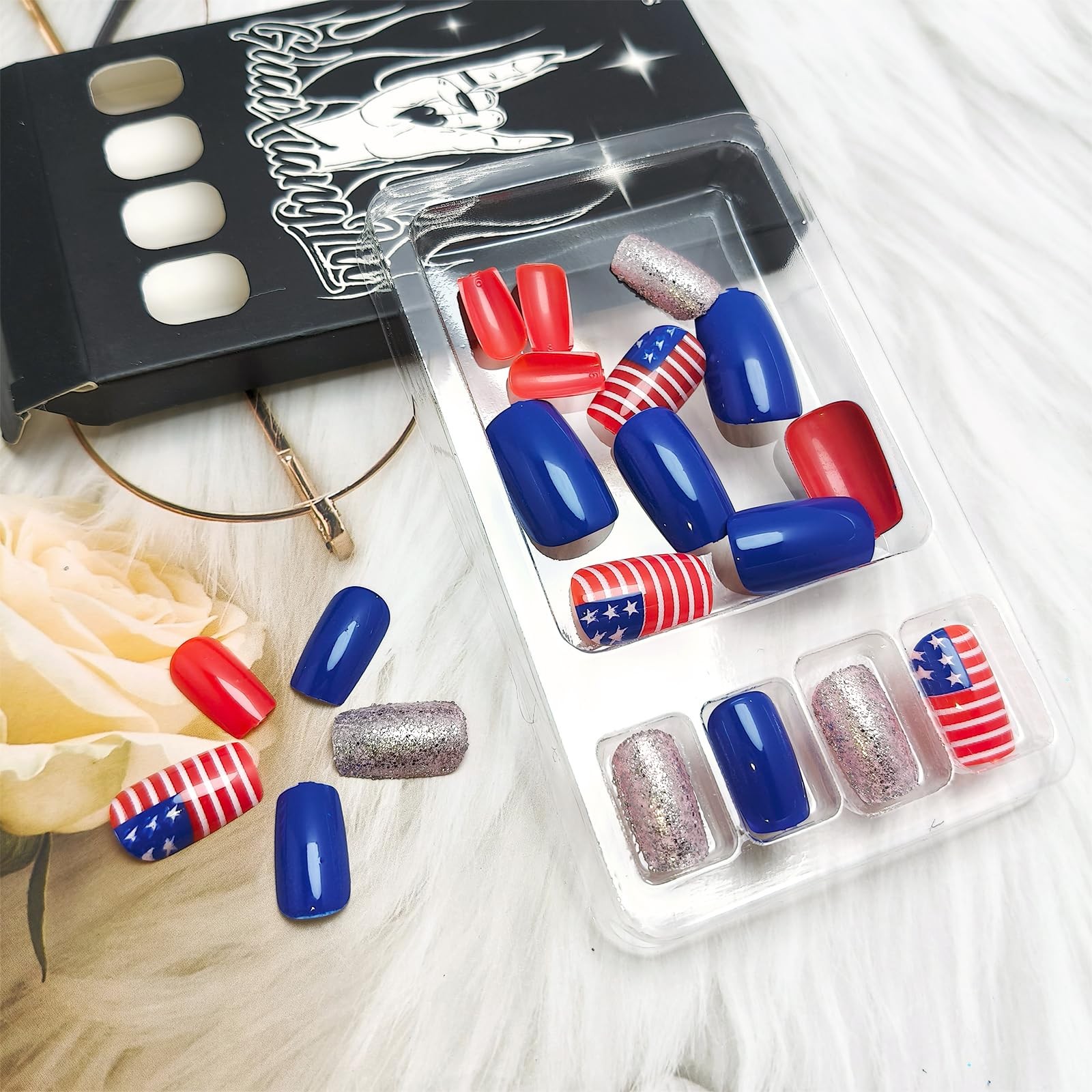 24Pcs 4th of July Press on Nails Short Square Independence Short, Multicolor