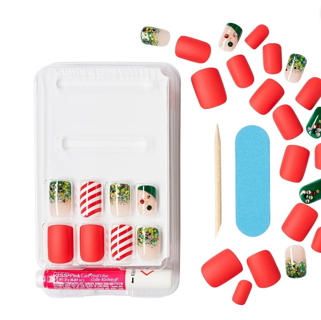 Kiss Nails Sd Glue-On Short Length Christmas Nails Matte Red Glitter Faux Gems