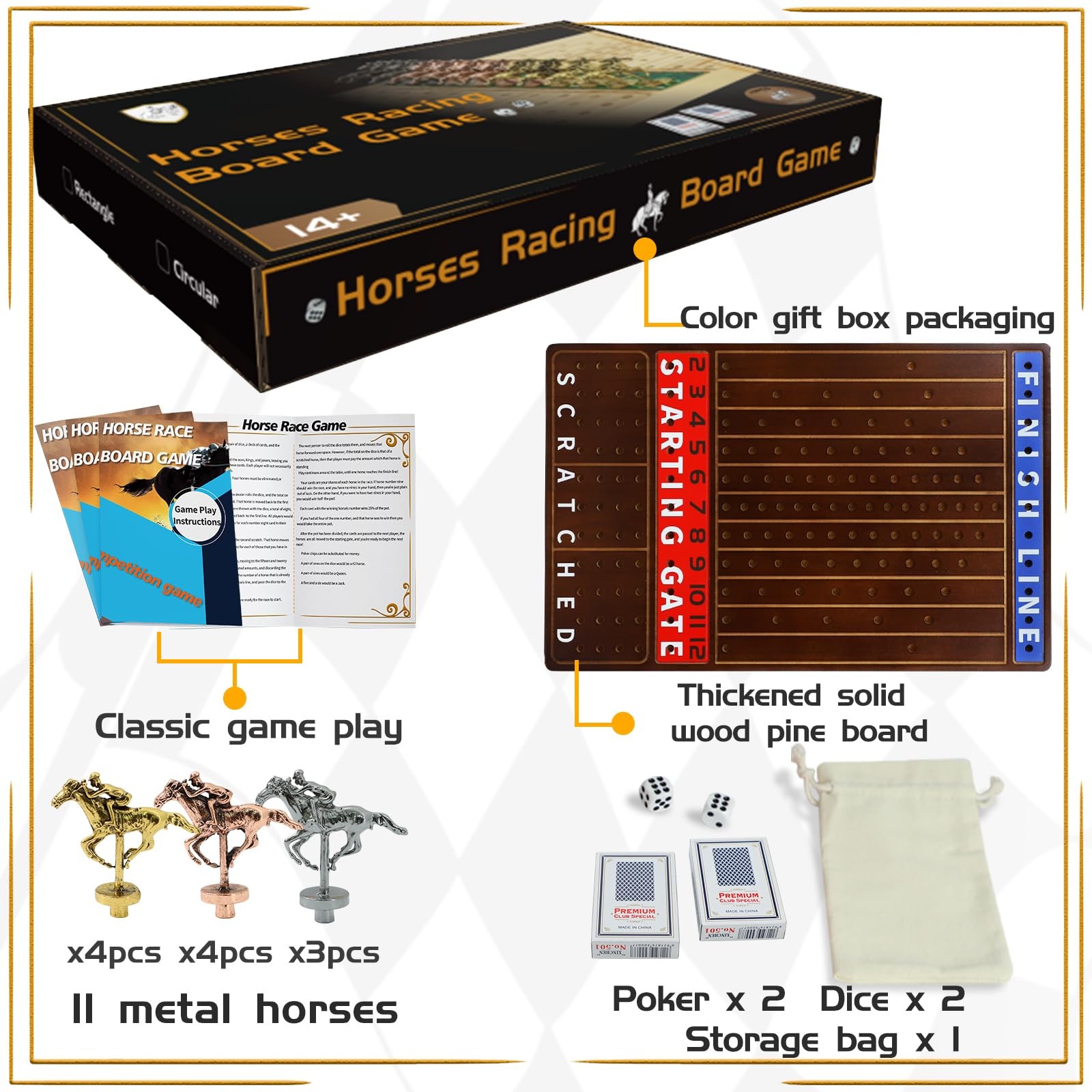 Jyquorp Horse Race Board Game Wooden Kentucky Derby Party Large, Walnut