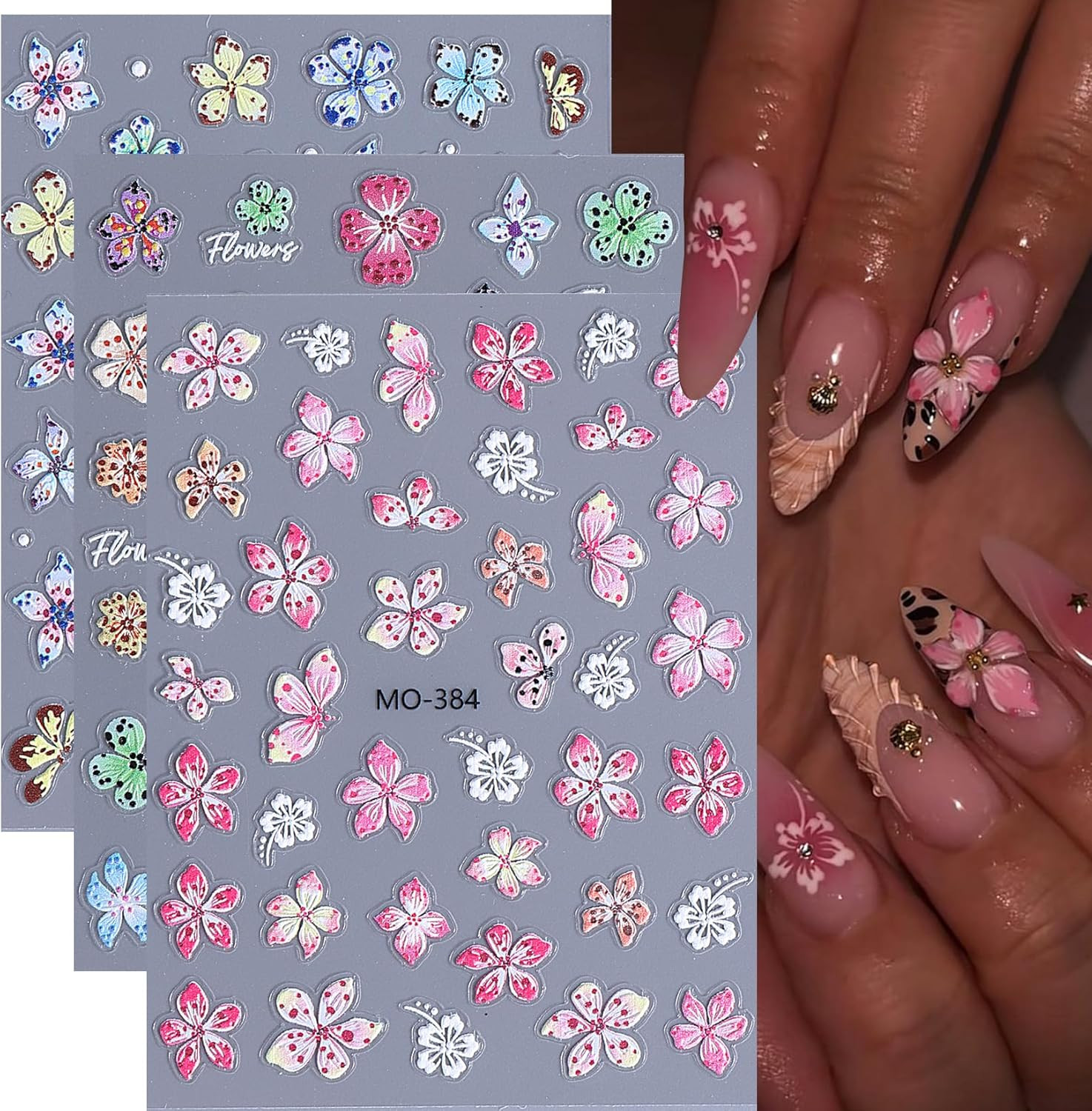 Flower Nail Art Stickers Decals 6PCS 5D Embossed Hibiscus Nail Stickers Self Adh