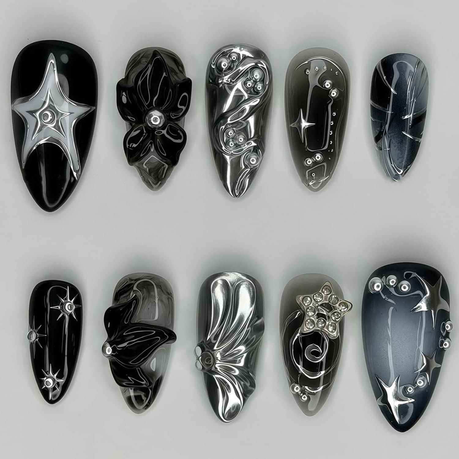 30Pcs Black Flower Press on Nails Short Almond Fake Nails Punk Metal Y2k Fals…