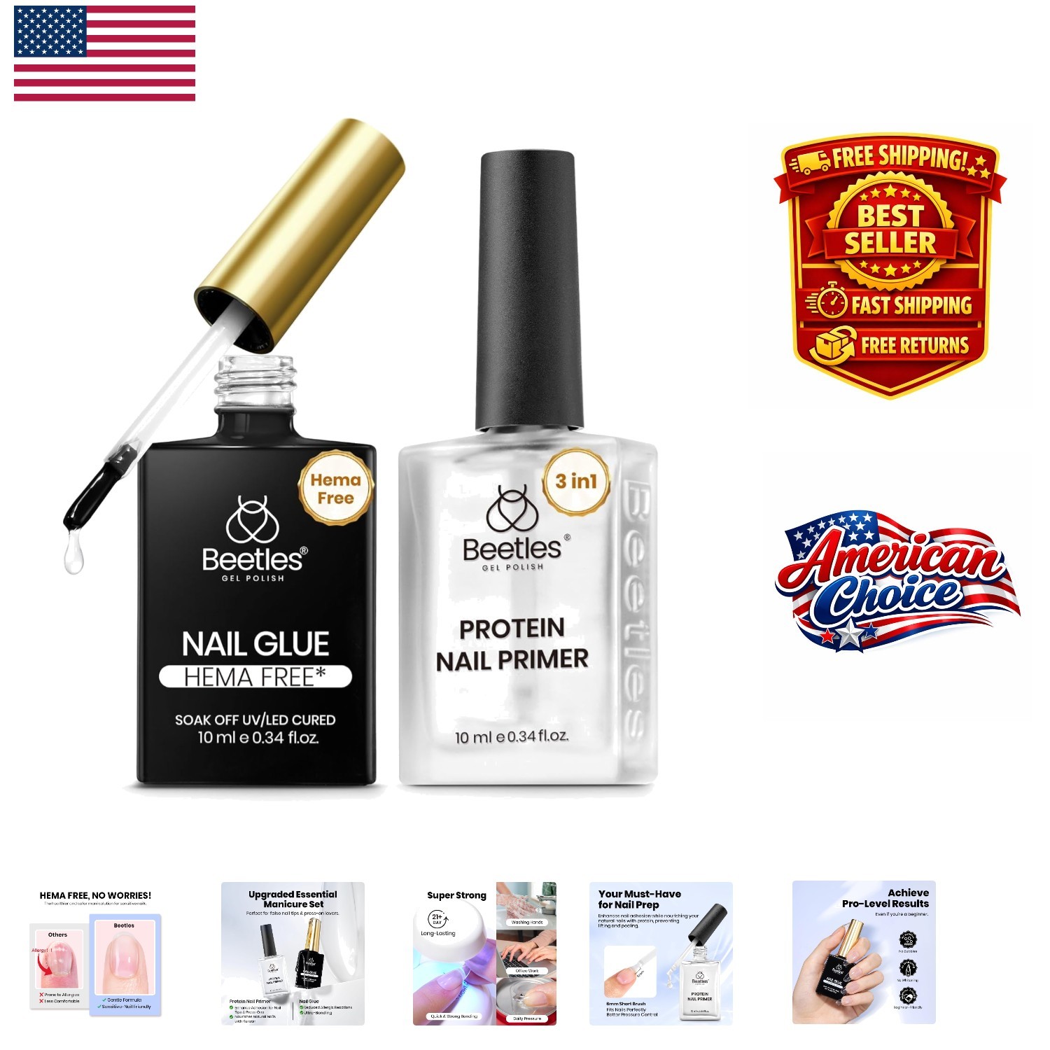 Beetles 2Pcs Professional Nail Glue & Primer – Super Strong Hold & Fast Dry