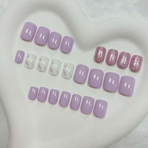 Square Press on Nails Short Fake Nails Glitter with Marbling Marbling Glitter 1