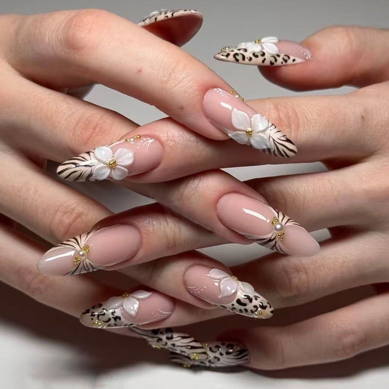 24pcs-Nude Pink Almond Nails with 3D White Flowers and Mixed Animal Print Tips