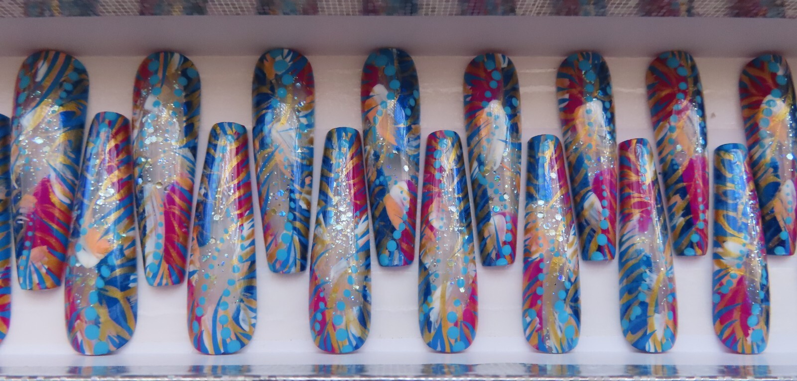 XL Clear Glitter Fuchsia Blue Gold Metallic Abstract Coffin Press On Nails (24)