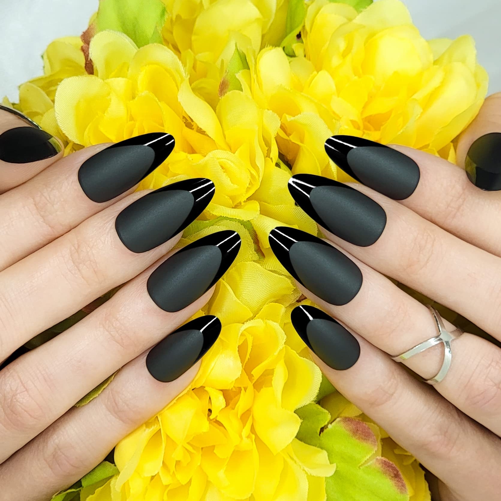 Caviar Almond Press-On Nails 24-Piece Black Matte with Glossy French Tip Glue
