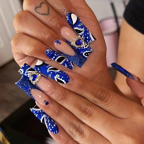 Square Fake Nails – Royal Blue – 3D Heart Glue Ons – Long Press