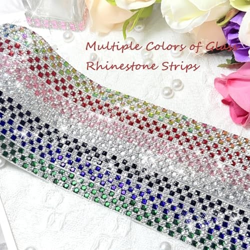 4Rolls Self Adhesive Crystal Rhinestone Strips, Glass Gems Rhinestone Red B