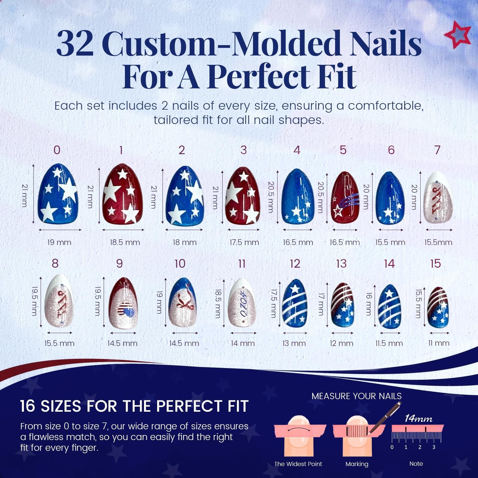 4th of July Press On Nails – Memorial Day Almond Cat Eye Reusable False Nail Kit