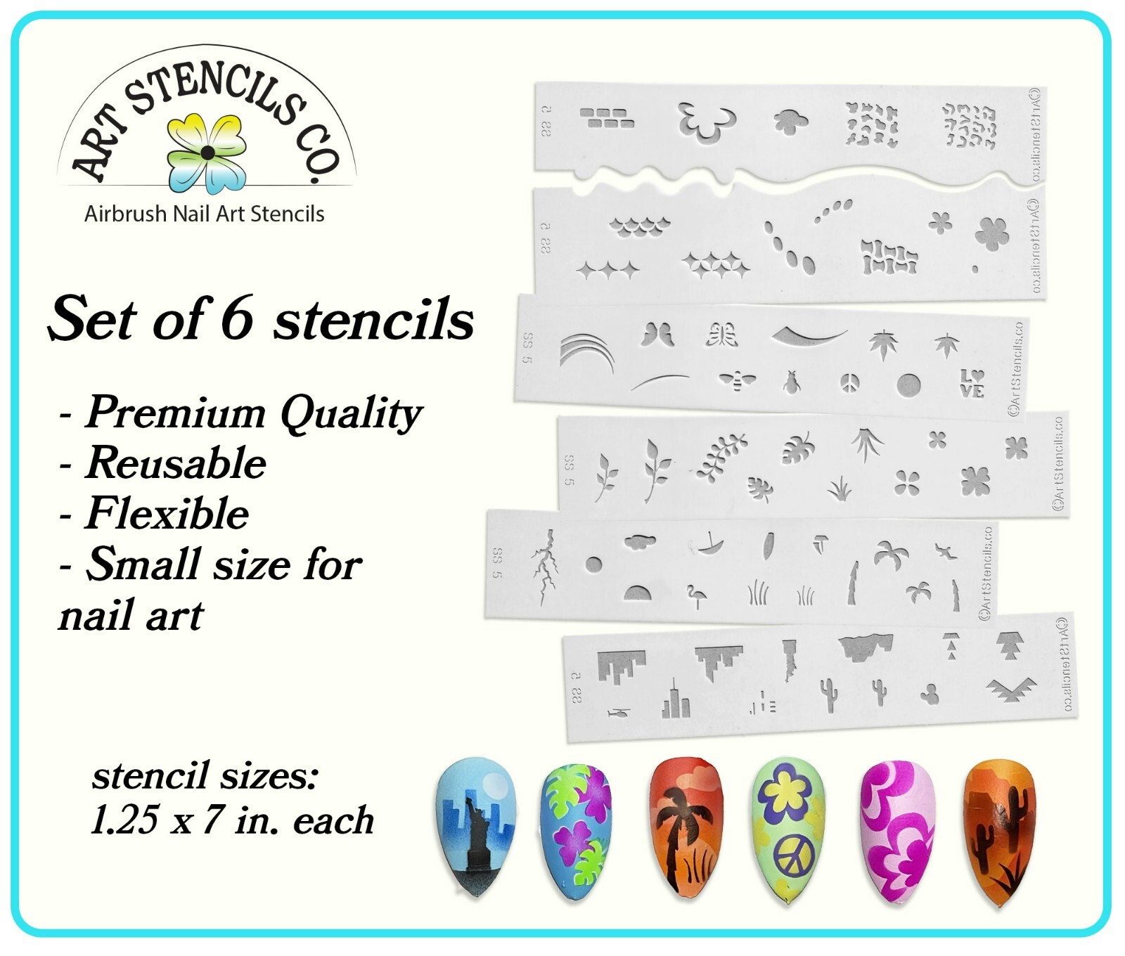 Airbrush Nail Art Design Stencil Strips 6 pc Set Florals and Scenes ss5
