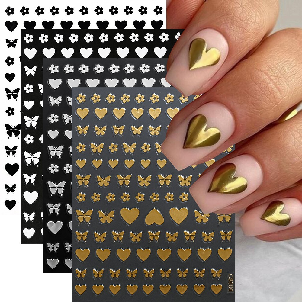 4Pcs Silver/Gold/White/Black Moon Star Heart Self-Adhesive Nail Art Decals NH29