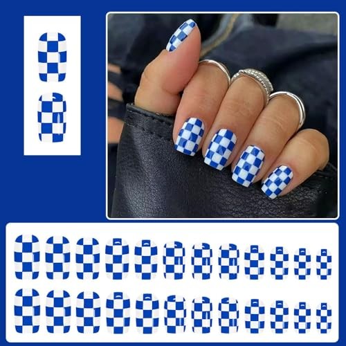 Square Press on Nails – Short Fake Nails – 24Pcs Glossy Blue White Style 01