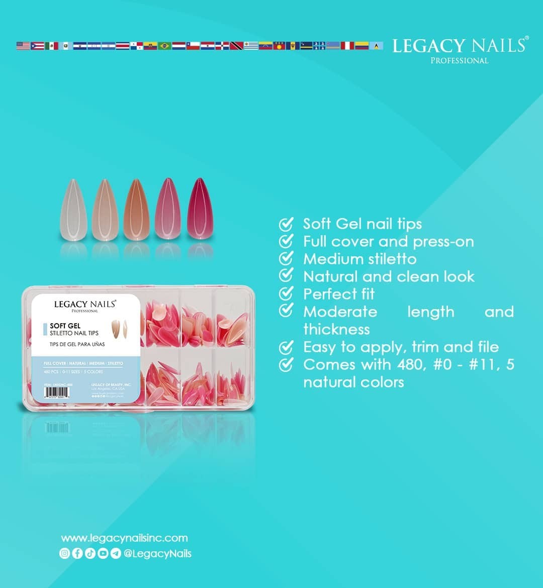 Legacy Nails Soft Gel Medium Stiletto Nails Tips 480Pcs 5 Colors + Special 4in1