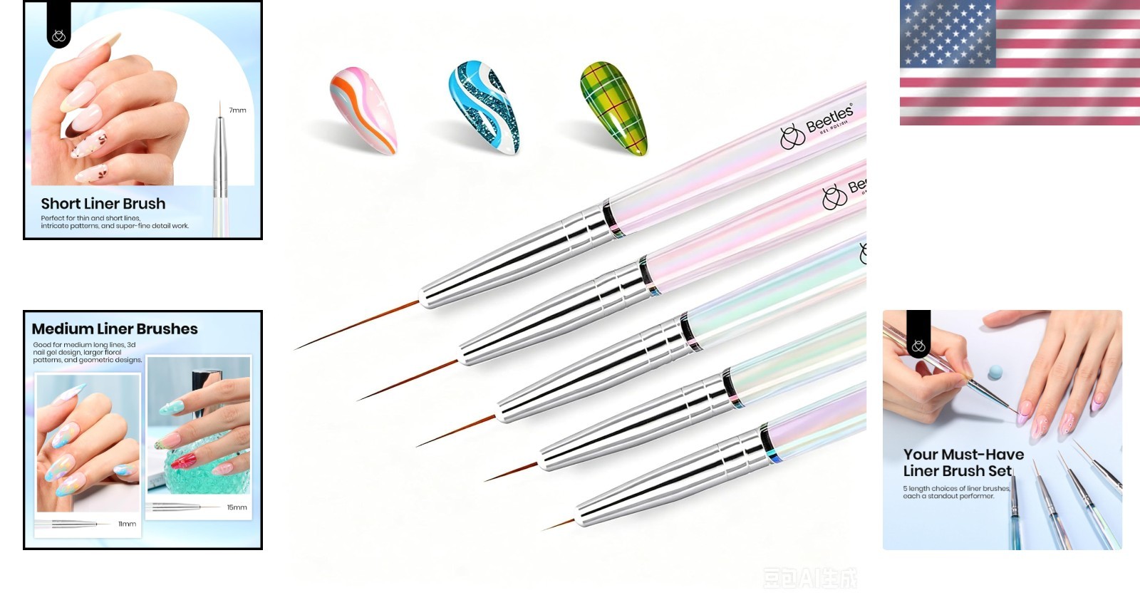 Beetles 5pcs Nail Art Liner Brushes – Durable & Ergonomic Design for Artists