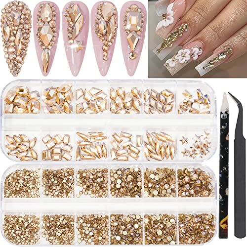 2920Pcs Crystal Nail Rhinestones Round Flatback Rhinestones Champagne Gold