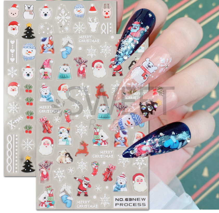 Nail Stickers Thin Waterproof Christmas Snowflakes Santa Reindeer Bear 3D NS39