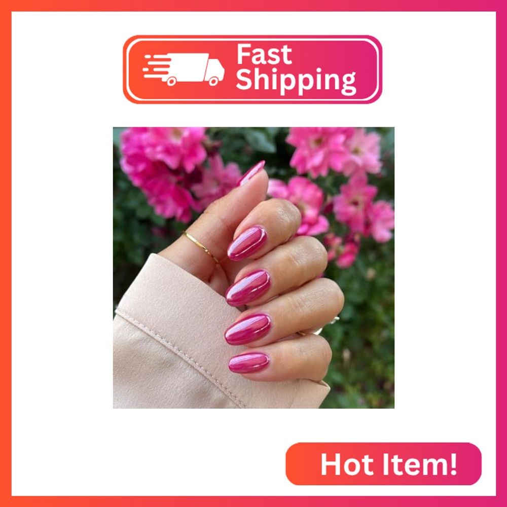 Hot Pink Chrome Press on Nails Medium Oval Fake Nails Full Cover,SXVME Hot Pink