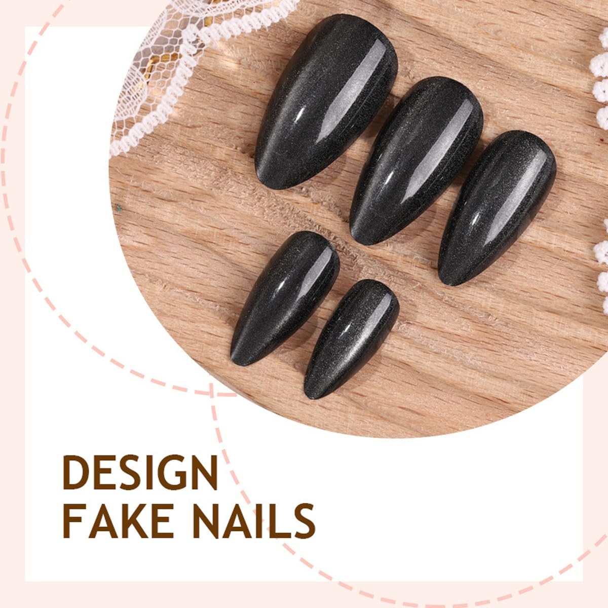 Black Press on Nails, Medium Almond Fake Goth Dark Medium, Style-4