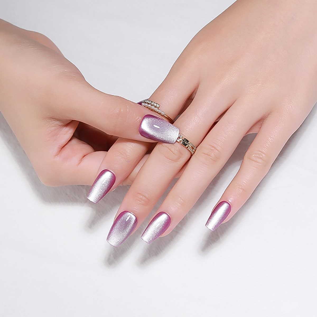 Fall Purple Medium Press On Nails, Cat Eye Coffin Short, C0-Moonlit Amethyst