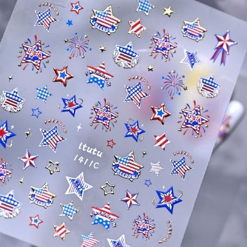 4th of July Nail Stickers Metallic Gold Star Decals – Red White – Color A43