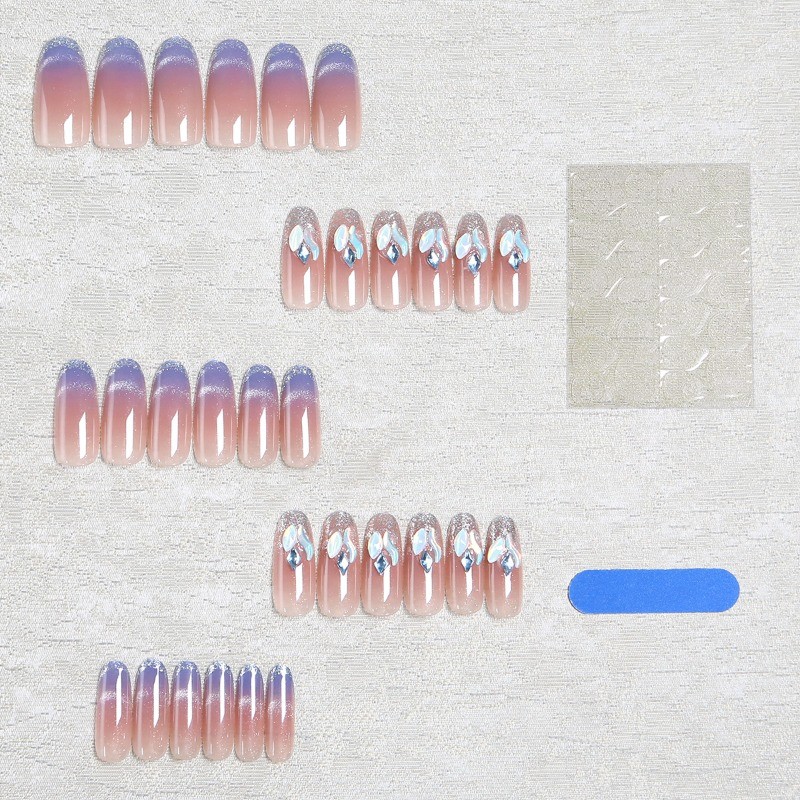 60pcs-Glitter Cat Eye Press on Nails, Almond Nude with Blue Sheen & Gem Details
