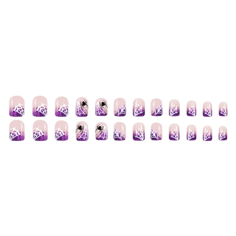 Halloween Glittering Spiderweb White False Nail With Cobweb Design ABS Plastic