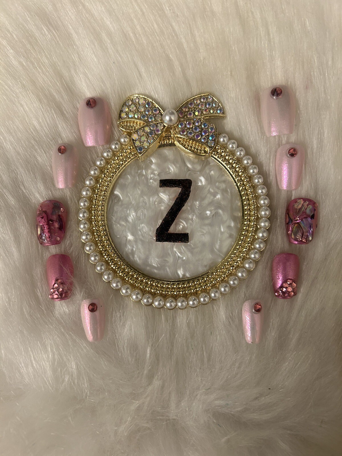 Z NAILZ!Handcrafted Set Of M Coffin Pink With Abalone Shell And Stones Press Ons