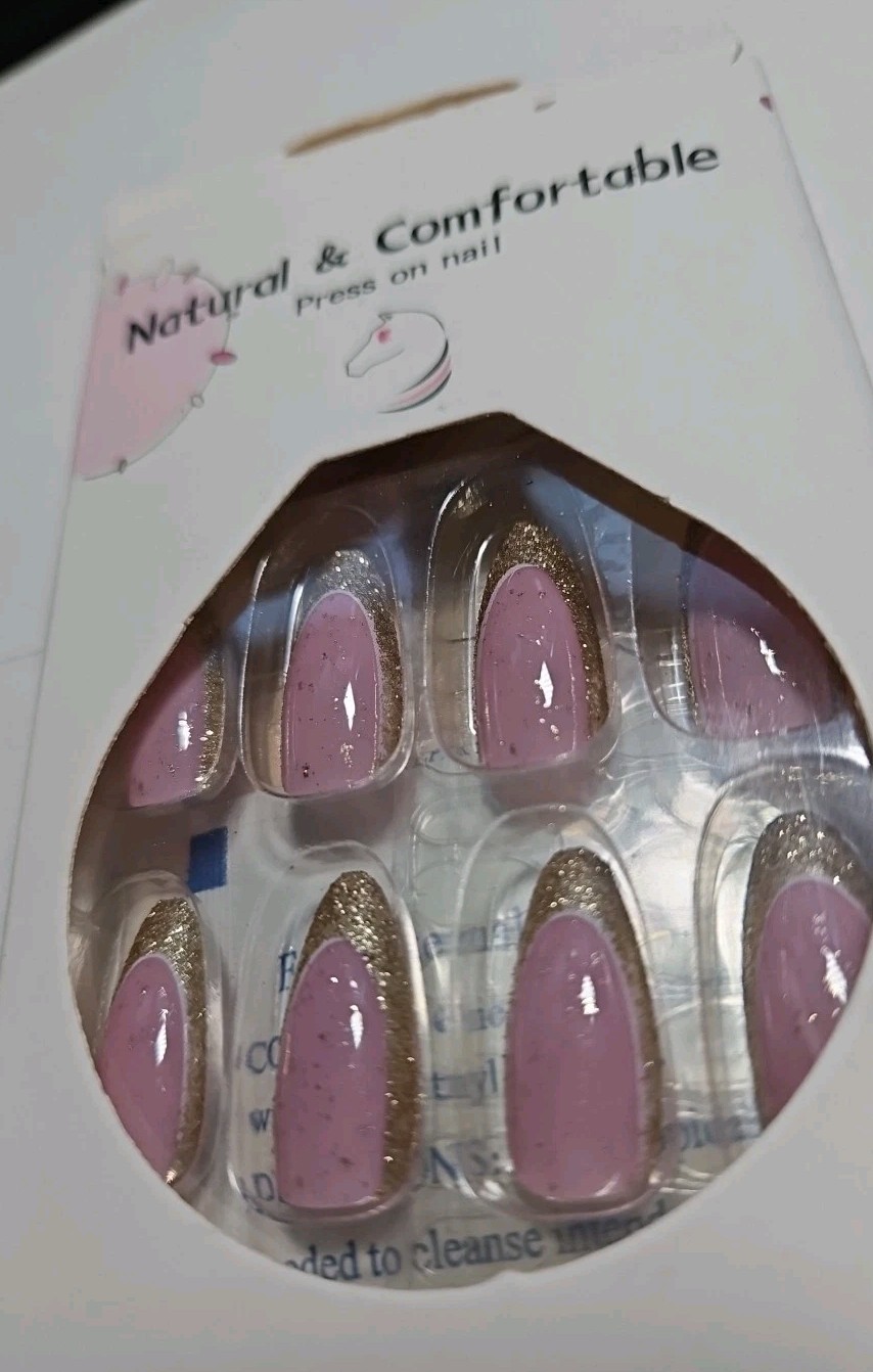 Natural & Comfortabl 24pcs Long Almond French Gold & Pink Glitter Romantic Nails