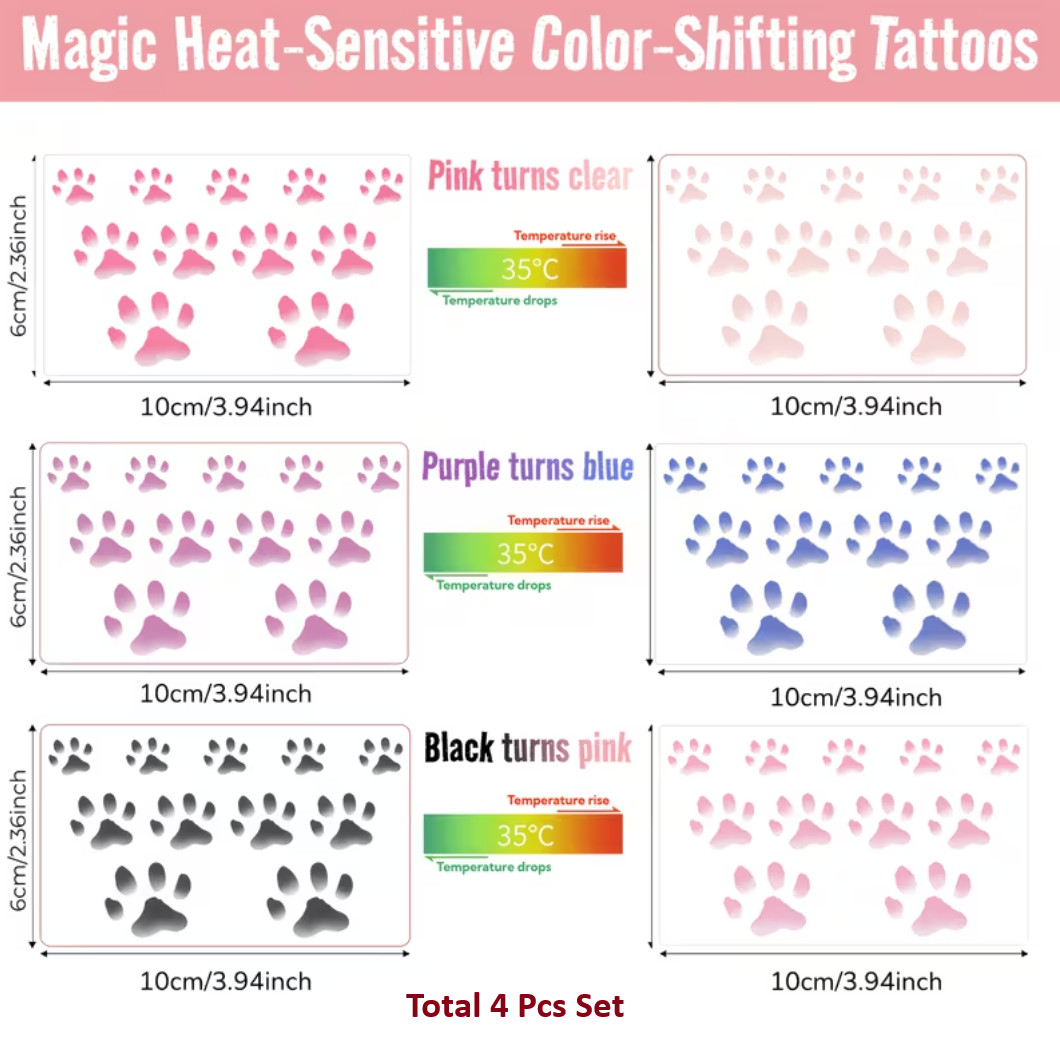 4pcs Warm Up Color Changing Cat Paw Tattoo Stickers Temperature Sensitive NH13