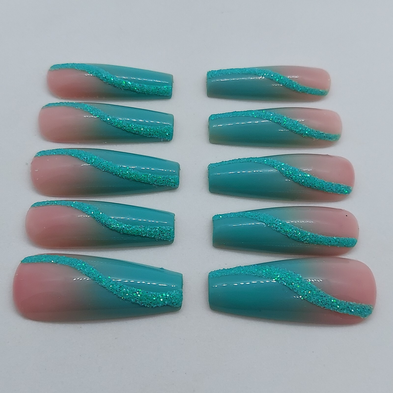 Ocean Beach Wedding Nails Teal Turquoise Glitter Sugar Swirl Press on Nails