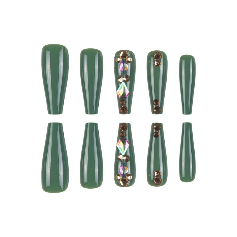 48pcs-Minimalist Green Stiletto Press on Nails with Gold Stud and Gem Accents