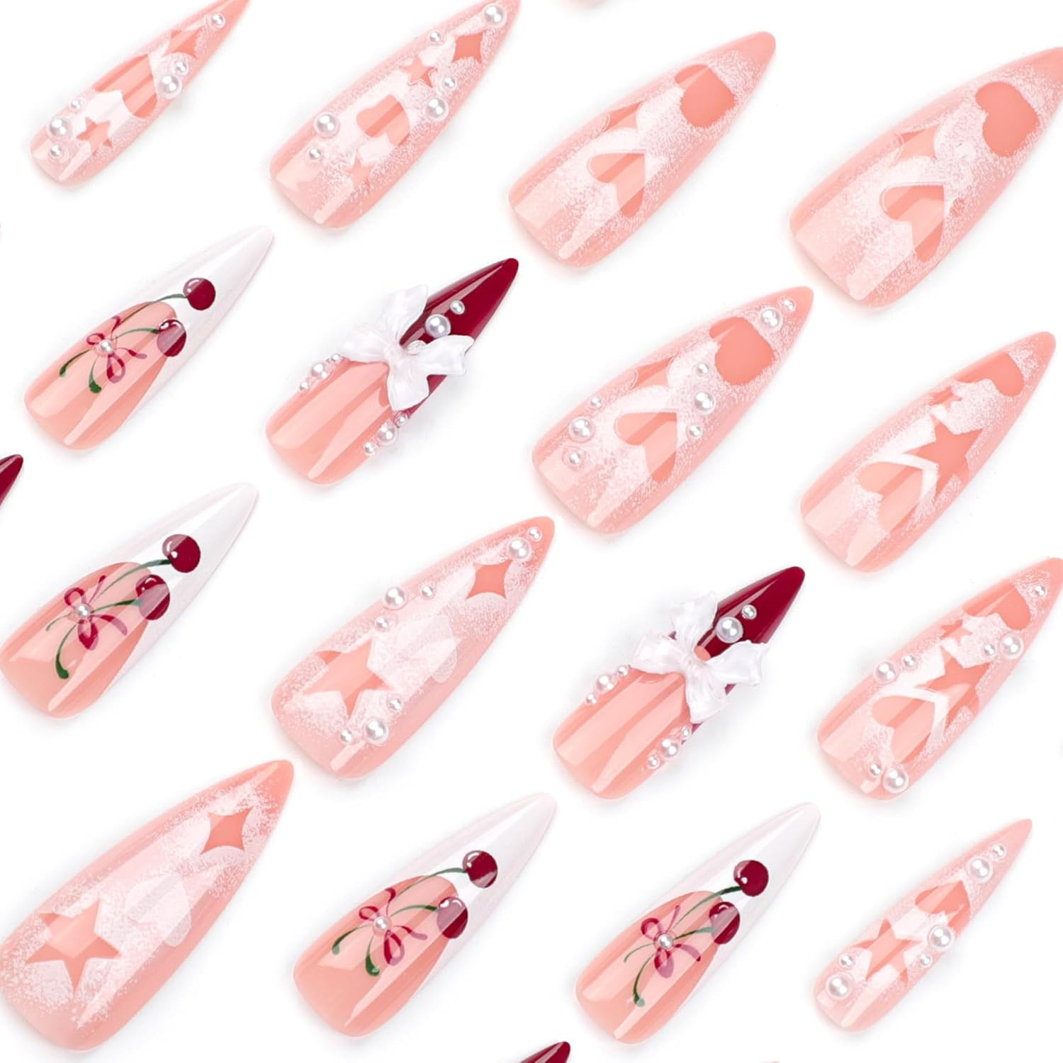Acrylic False French Tip Nails with 3D Bow Cherry Design – 24 Pcs Set