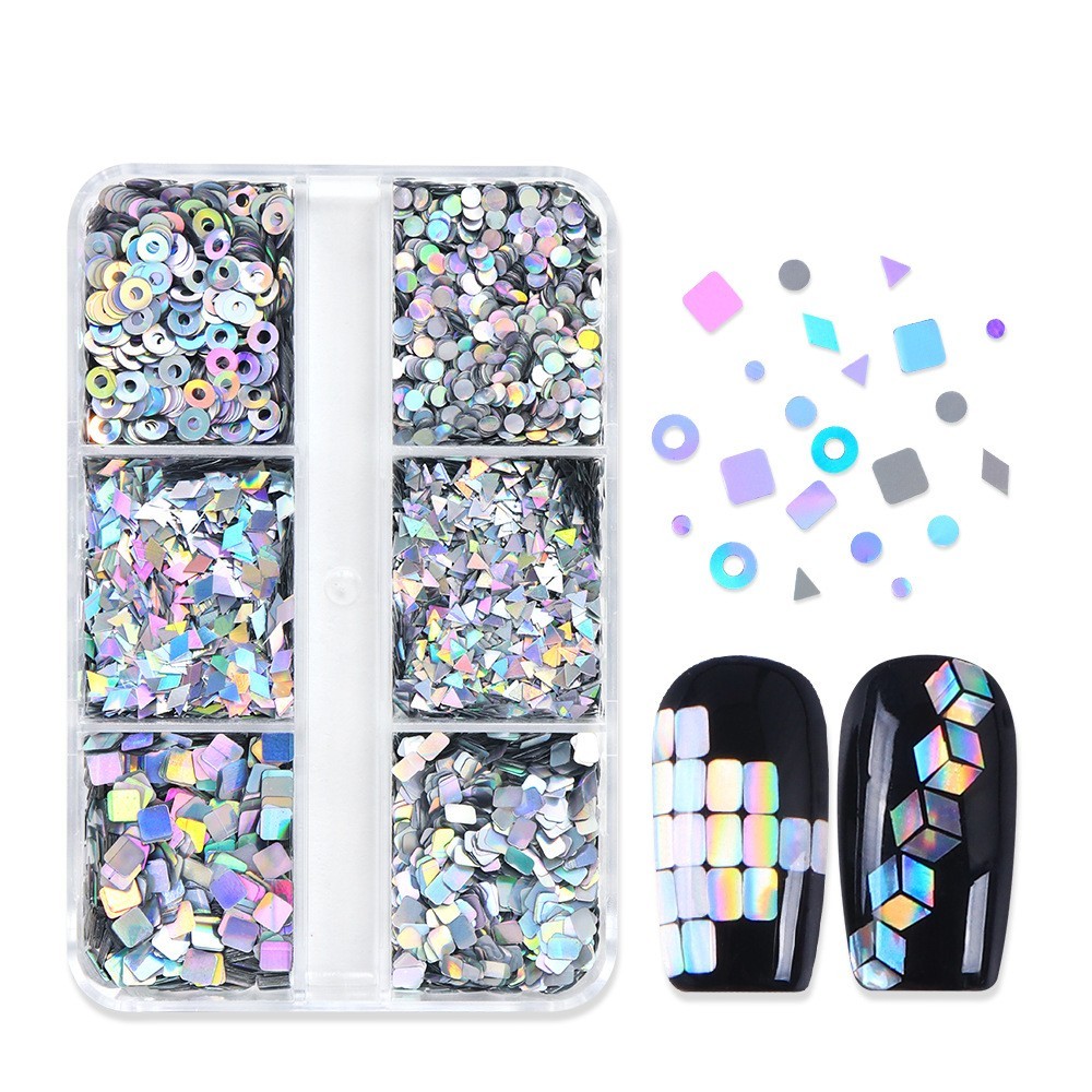 6 Grids Glitter Nail Art Sequins Triangle Hollow Square Mixed Shape Nails Decor