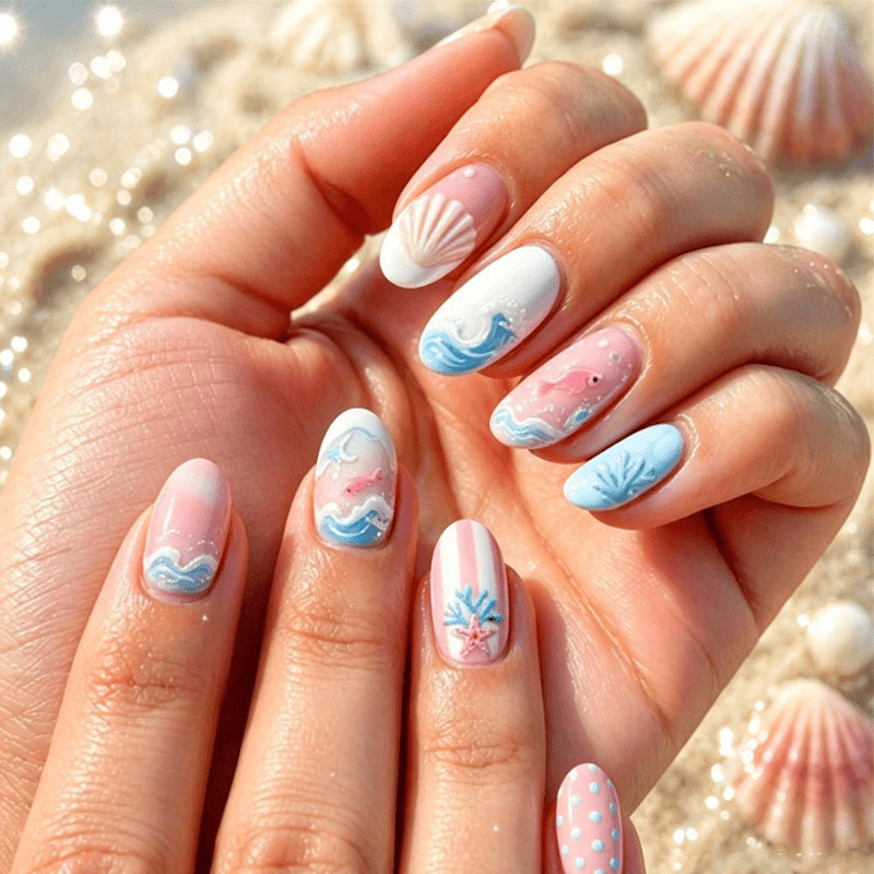 48Pcs-Long Oval Summer Ocean Shell Starfish Fake Press on Nails Art Set