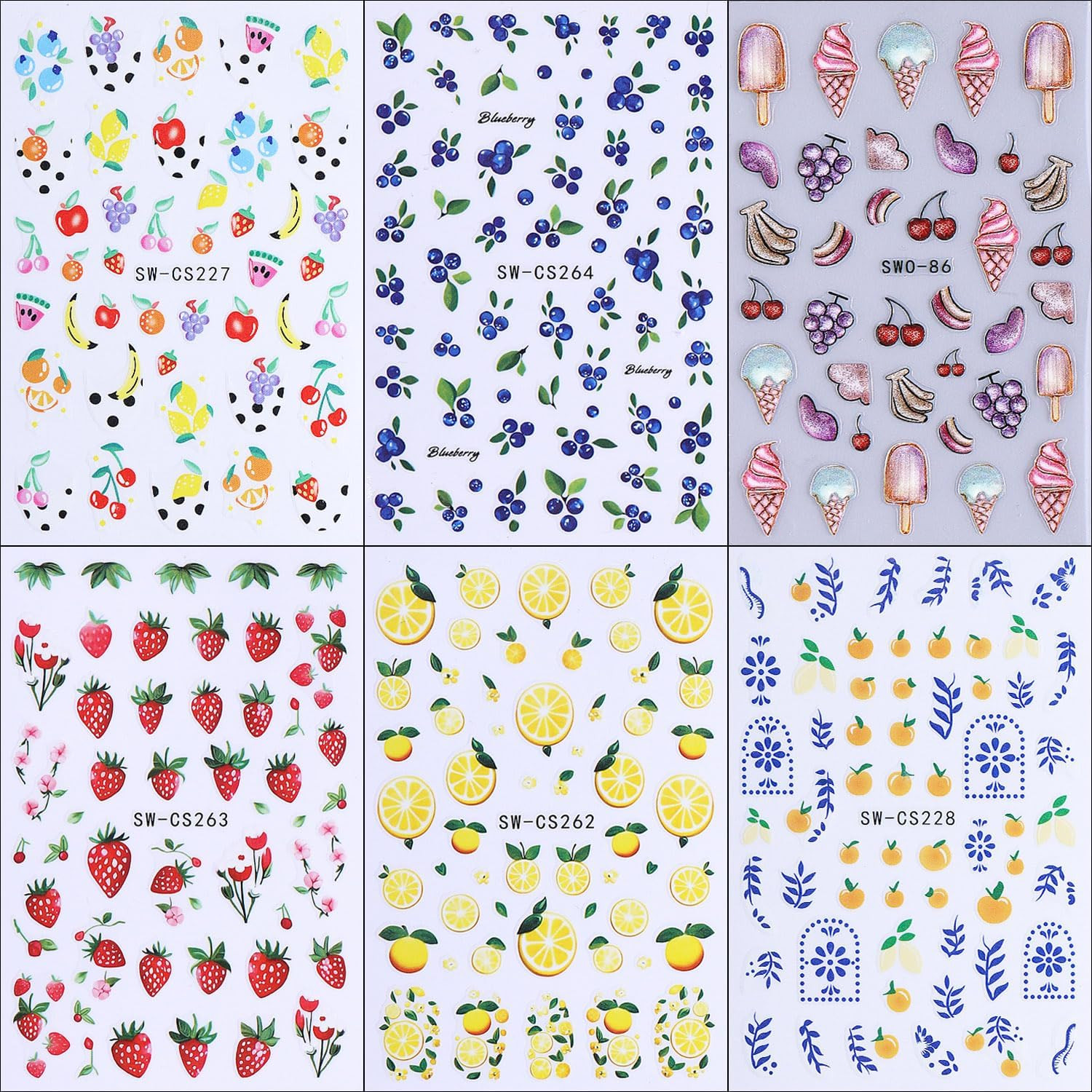 6 Sheets Fruit Nail Art Stickers Decals for Women | Lemon Strawberry Blueberry B