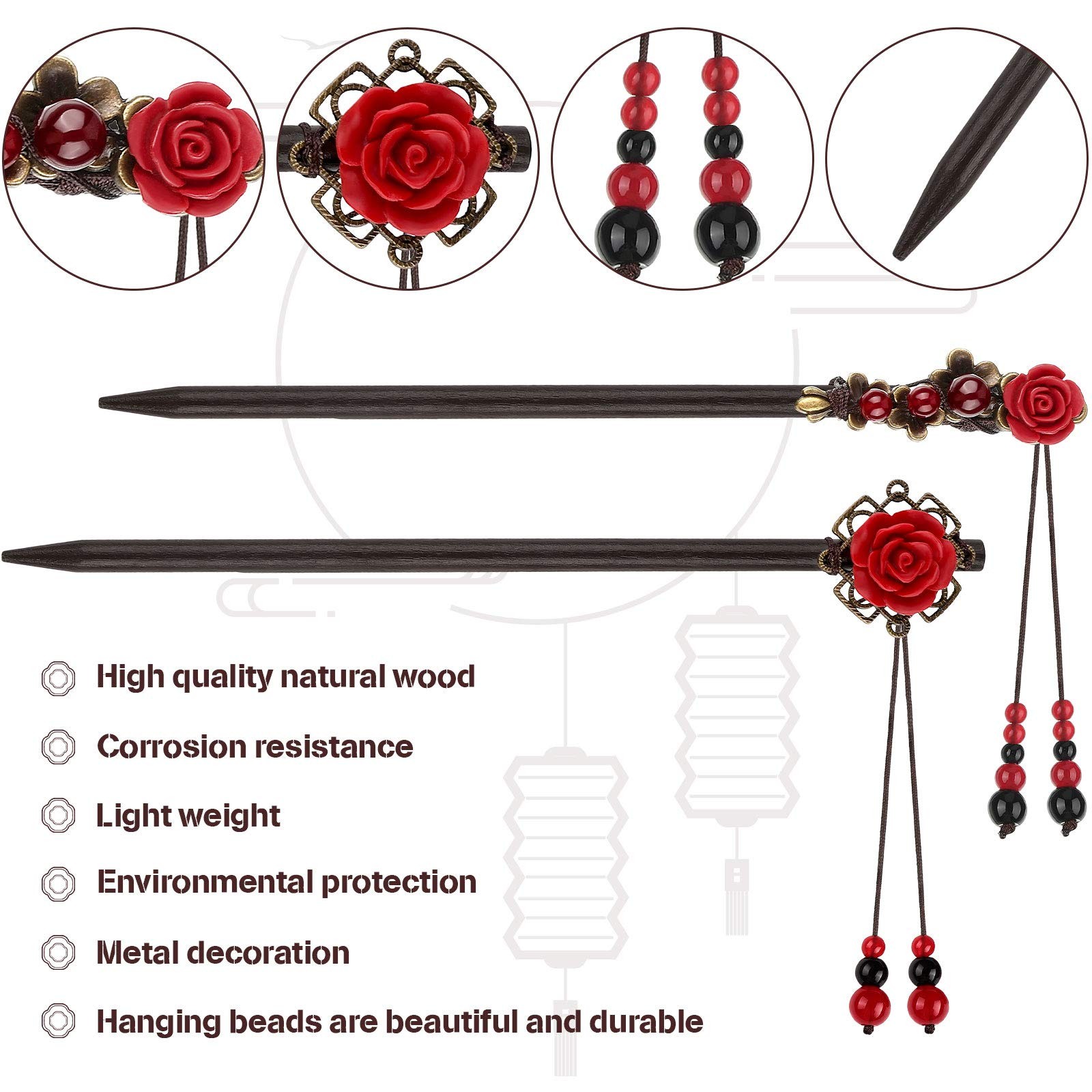 WILLBOND 2 Pieces Chinese Wooden Hair 1 Count (Pack of 1), Classic Style