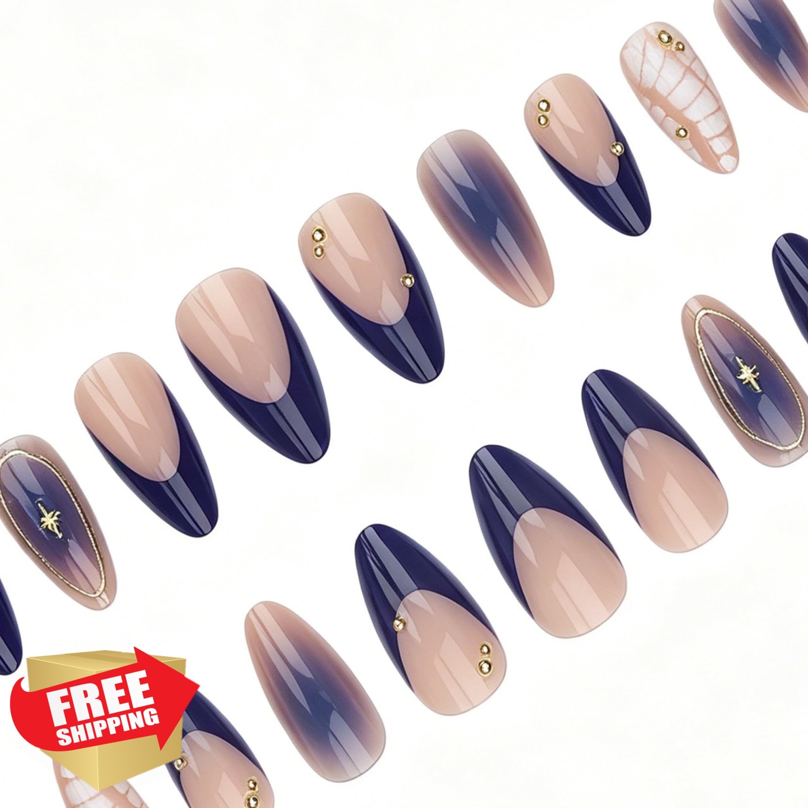 24Pcs Ombre Blue Press on Nails Medium Almond Fake Nails with Star Rhinestone…