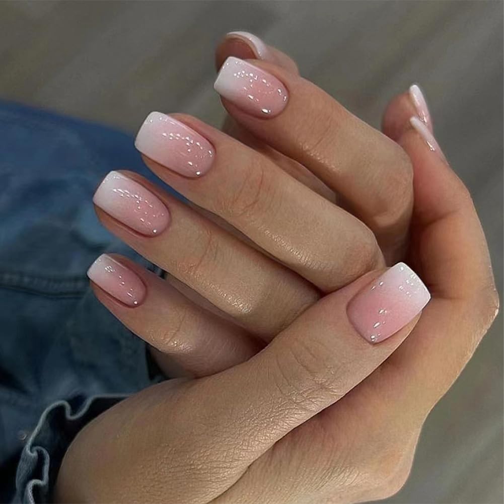 24Pcs Glamorous Pink-White Ombre Acrylic Press-On Nails for Effortless Beauty