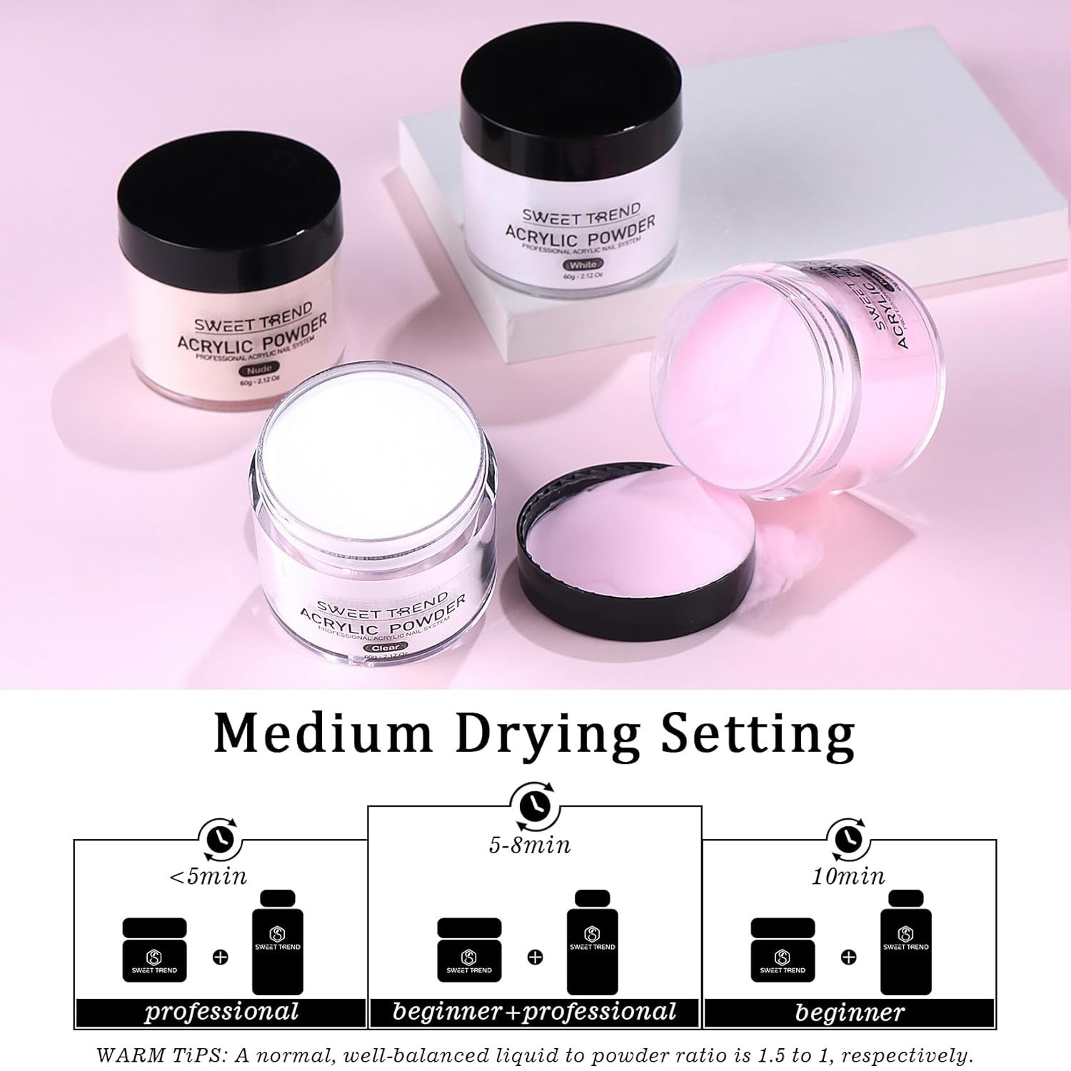 Acrylic Nail Kit with Drill: 20g Clear White Pink Acrylic Powder and Liquid Begi