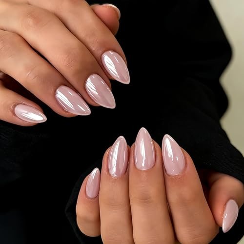 KQueenest Chrome Pastel Light Pink Press On Nails, 30 Pcs Almond Fake Nails