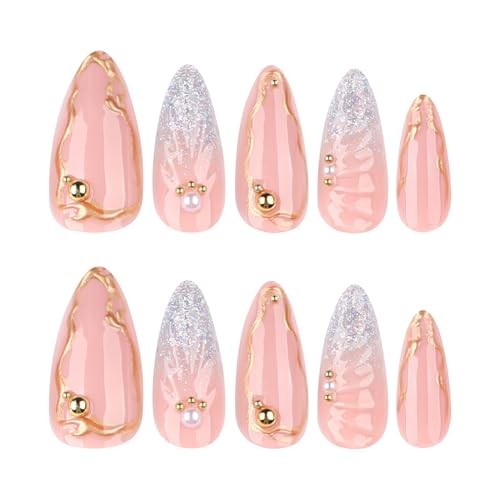 Almond Press on Nails Silver Glitter French Tip Fake Nails glitter french tip