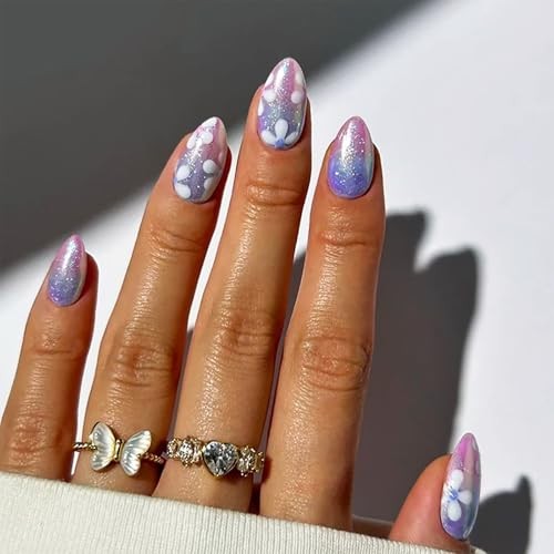 Gradient Cat Eye Press on Nails – Flower Acrylic Fake Sparkly Ombre Stick