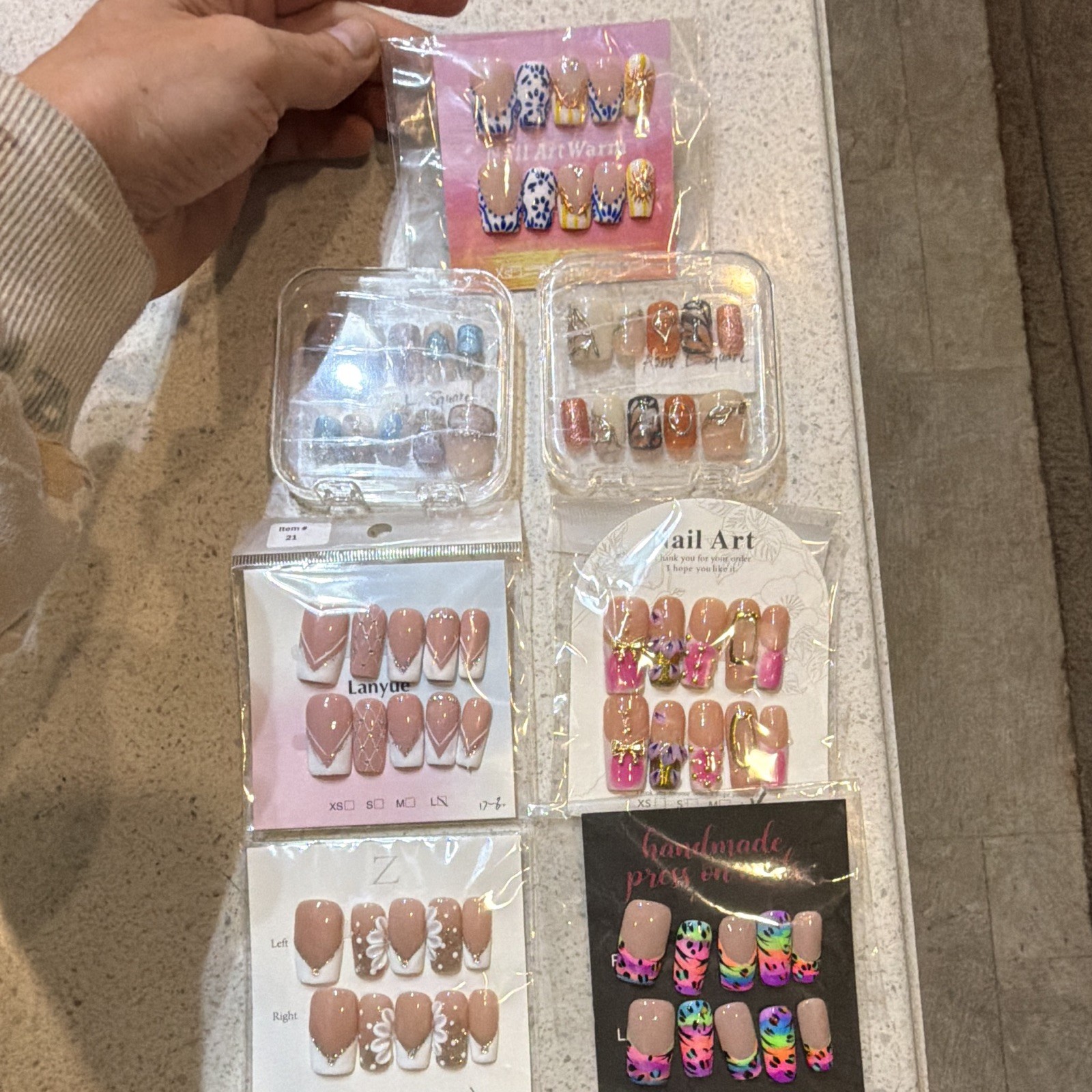Press-On Nails Pink Nude White Glitter 3D Floral Long Square lot of 7 Large